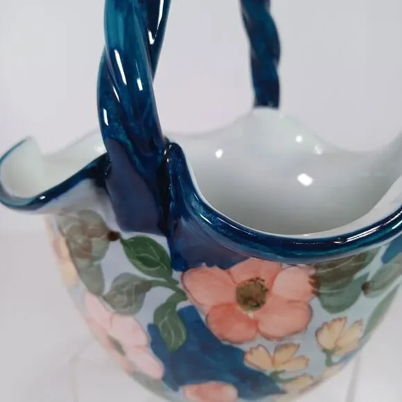 Ruffled Ceramic Basket Handcrafted Blue White Pink Floral Twisted Handle - Picture 5 of 11